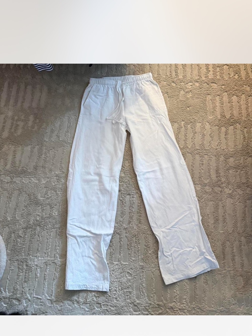White Drawstring Waist Linen-Blend Pants